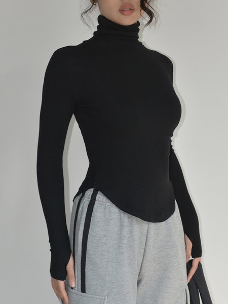 

Long sleeve Simple Plain Regular Fit Turtleneck T-Shirt, Black, Tees