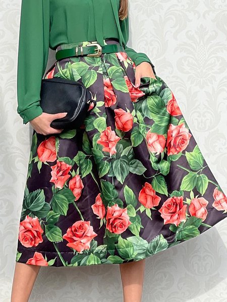 

Floral Print Elegant A-Line Skirt, Green, Skirts