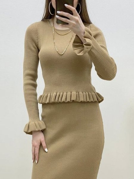 

Elegant Crew Neck Plain Long Sleeve Sweater, Khaki, Pullovers