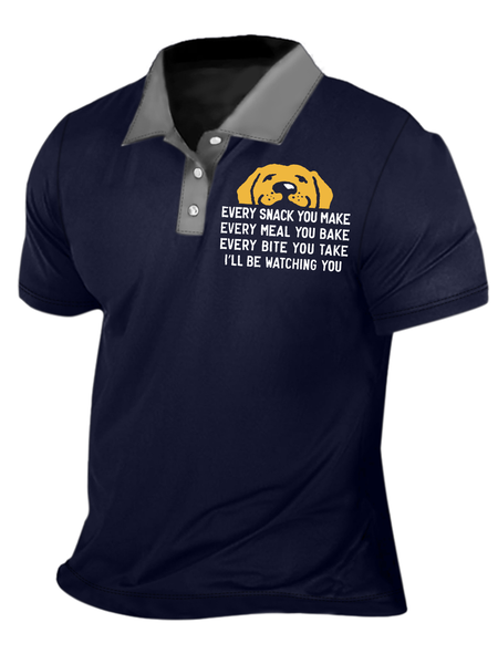 

Men's Every Snack You Make I Will Be Watching You Funny Dog Graphic Print Text Letters Urban Regular Fit Polo Collar Polo Shirt, Dark blue, T-shirts
