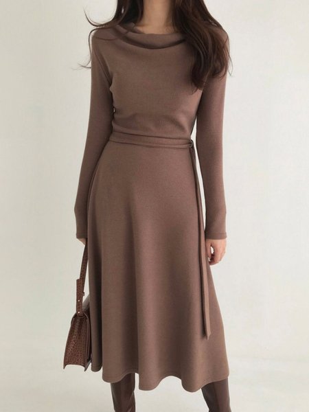 

Long sleeve Elegant Plain Regular Fit Dress, Brown, Midi Dresses