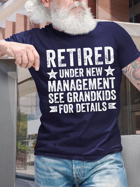 

Men's Retired Under New Management See Grandkids For Details Funny Graphic Print Cotton Text Letters Casual T-Shirt, Purplish blue, T-shirts