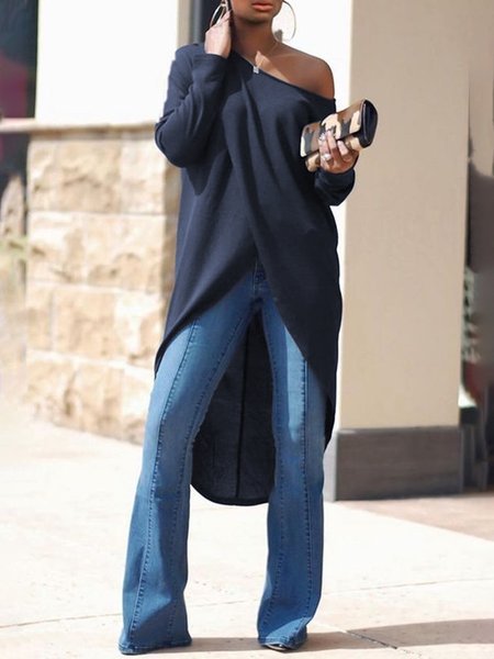 

Simple Loose One Shoulder Plain Top, Deep blue, Linen Tops