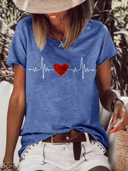 Women's Cotton-Blend Crew Neck Simple Heart T-Shirt, Blue, T-shirts
