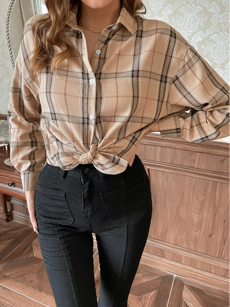 

Loose Plaid Shirt Collar Urban Blouse, Camel, Shirts & Blouses