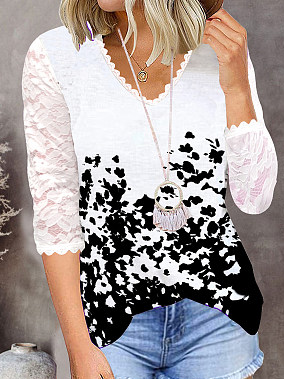 

Floral V Neck Casual T-Shirt, Black-white, Tops