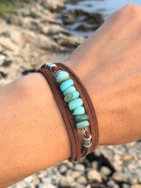 

Ethnic Vintage Beaded Natural Turquoise Leather Layered Bracelet Bohemian Vacation Jewelry, Brown, Bracelets & Anklets
