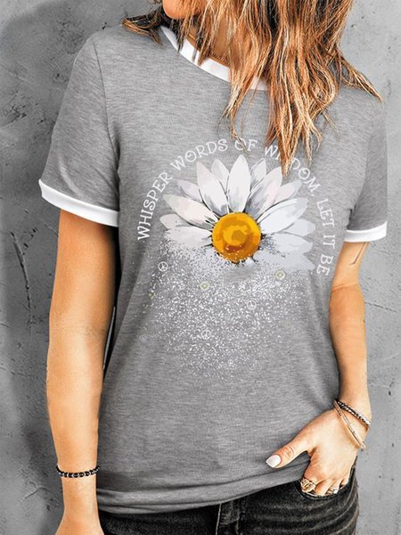 

Floral Casual Crew Neck Loose T-Shirt, Gray, Tops