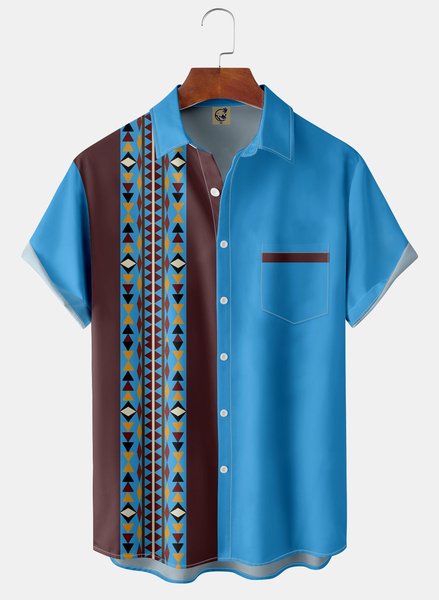 

Ethnic Chest Pocket Short Sleeve Casual Shirt, Blue, Men Shirts