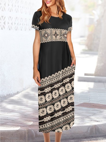 

Crew Neck Ethnic Casual Loose Dress, Black, Dresses