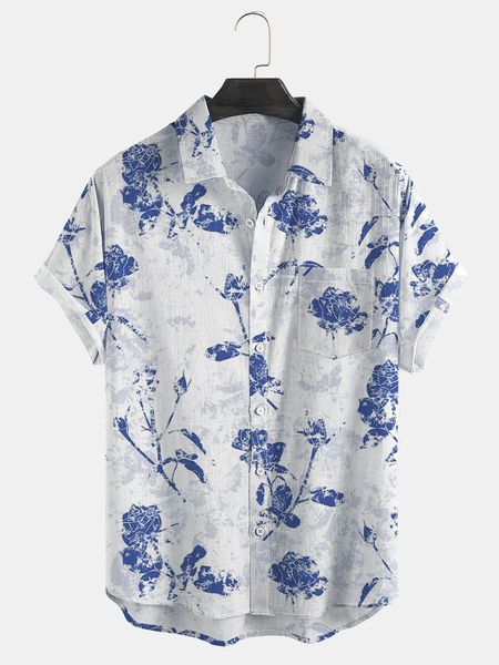 

Botanical Print Chest Pocket Short Sleeve Vacation Shirt, White, Men Shirts