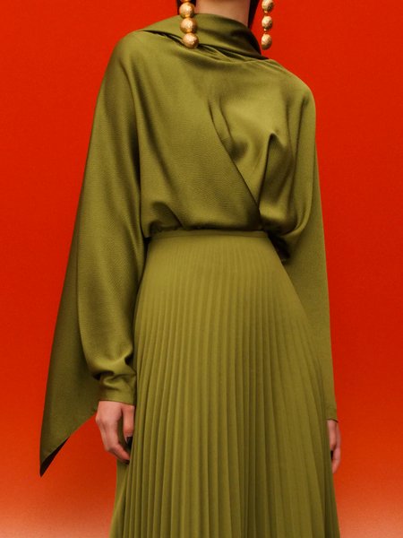 

Satin Elegant Stand Collar Regular Fit Blouse, Green, Blouses and Shirts