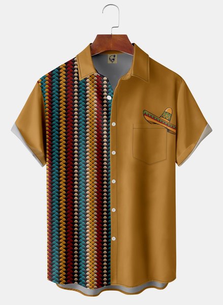 

Cinco de Mayo Chest Pocket Short Sleeve Casual Shirt, Yellow brown, Men Shirts