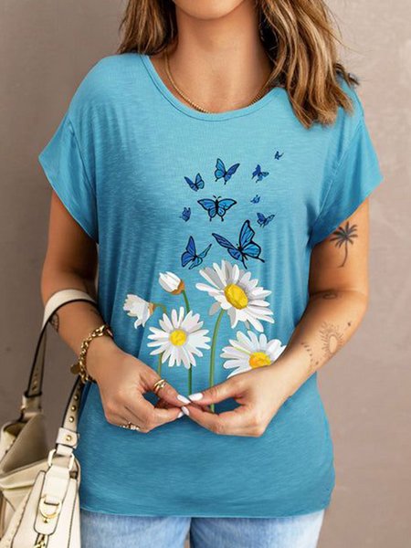 

Casual Crew Neck Butterfly T-Shirt, Blue, T-Shirts