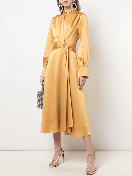 

Satin Half Turtleneck Elegant Dress, Yellow, Midi Dresses