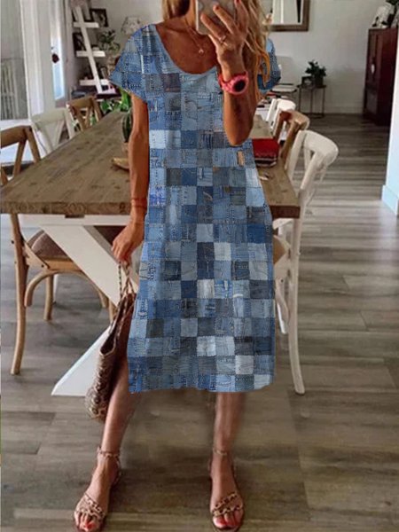 

Regular Fit Plaid Crew Neck Casual Dress, Blue, Dresses