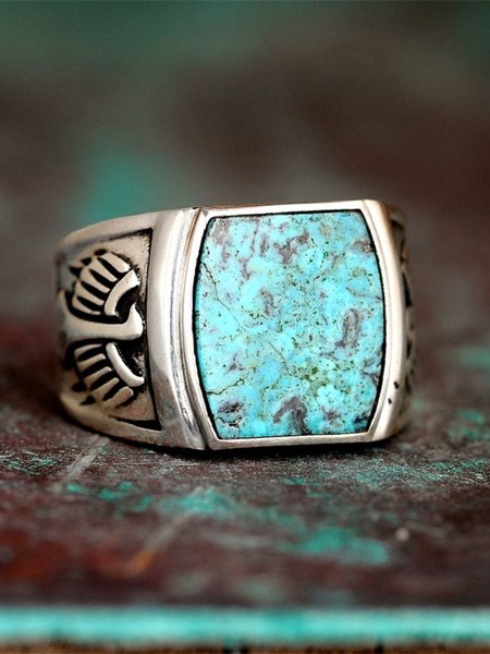 

Ethnic Vintage Square Turquoise Ring Boho Vacation Jewelry, Silver, Rings