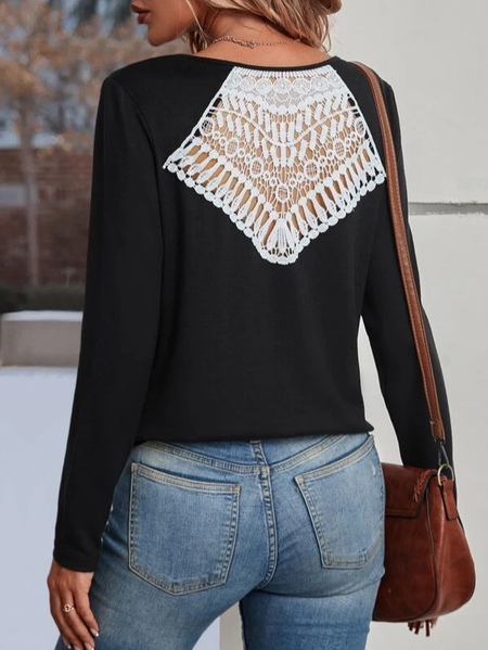 

Loose Crew Neck Lace Casual T-Shirt, Black, T-Shirts