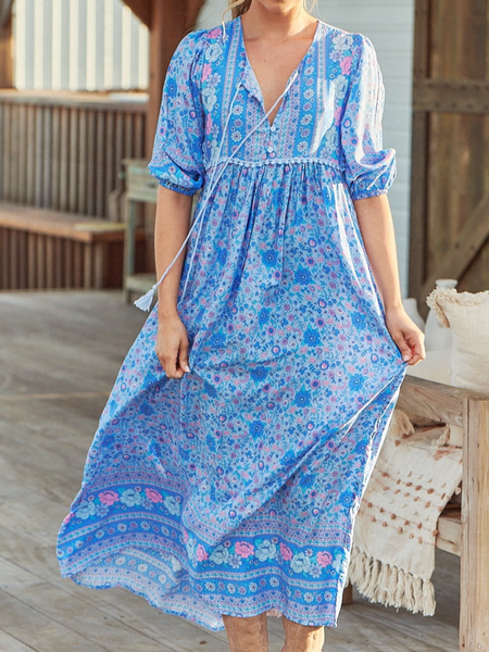 

Regular Fit V Neck Boho Floral Dress, Blue, Midi Dresses