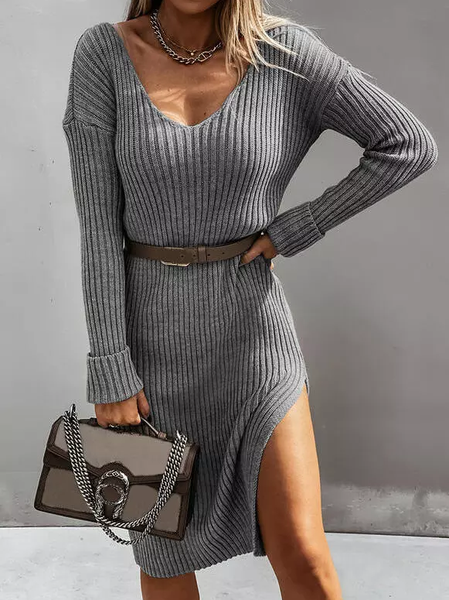

Plain Casual Cotton-Blend V Neck Dress, Gray, Dresses