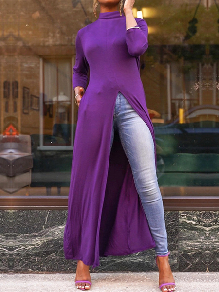 

High Elasticity Loose Long sleeve Urban Plain Long Top, Purple, Linen Tops