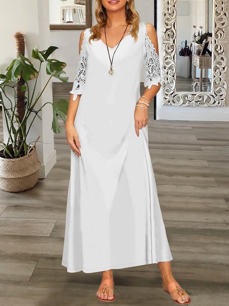 

Casual V Neck Loose Plain Lace Dress, White, Dresses
