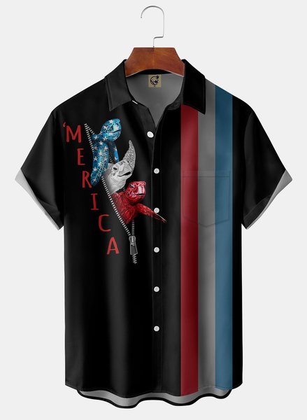 

American Sea Turtle Chest Pocket Short Sleeve Bowling Shirt, Black, Men Shirts