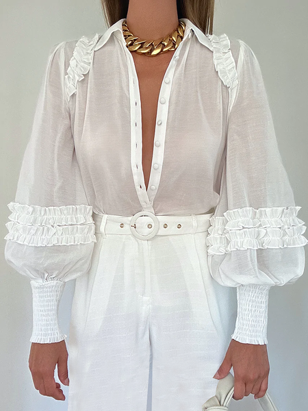 

Loose Urban Shirt Collar Long sleeve Blouse, White, Blouses and Shirts
