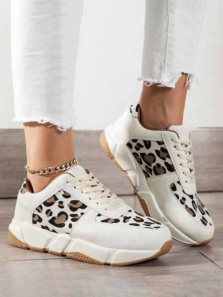 

Plus Size Leopard Paneled Lace-Up Casual Sneakers, Off white, Sneakers