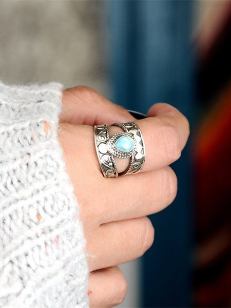 

Ethnic Vintage Natural Turquoise Ethnic Pattern Ring Boho Jewelry, Silver, Rings