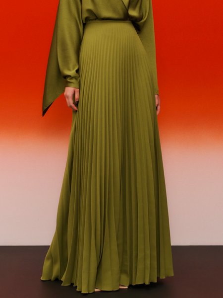 

Satin Plain Pleated Urban A-Line Skirt, Green, Skirts