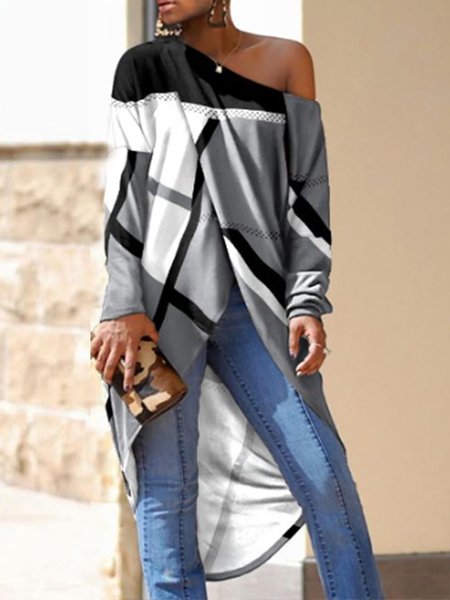 

Cold Shoulder Urban Loose Geometric Print Top, Gray, Linen Tops