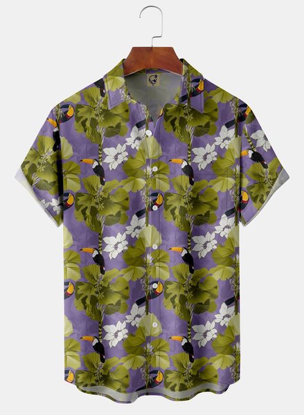 

Hawaii Parrot Chest Pocket Short Sleeve Hawaiian Shirt, Purple, Men Shirts