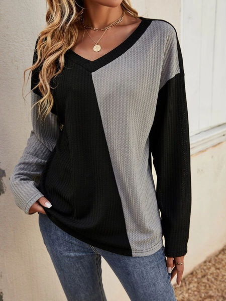 

Loose Casual V Neck Color Block T-Shirt, Gray, T-Shirts