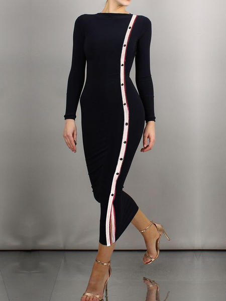 

High Elasticity Tight Elegant Color Block Long sleeve Long Dress, Black, Mini Dresses