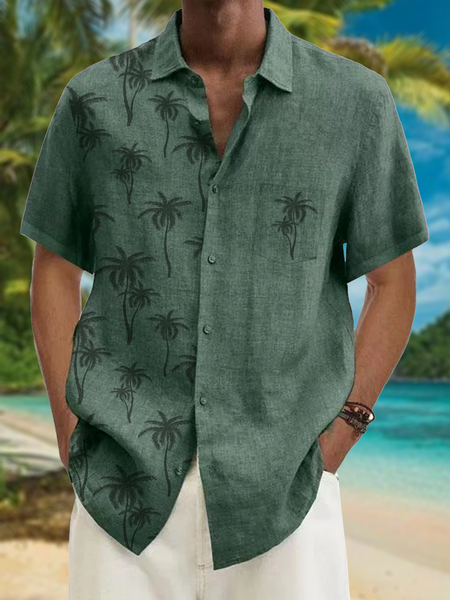 Coconut Tree Short Sleeve Resort Shirt, Green, Men Shirts