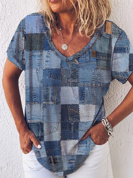 

Geometric Regular Fit Casual V Neck T-Shirt, Blue, T-Shirts