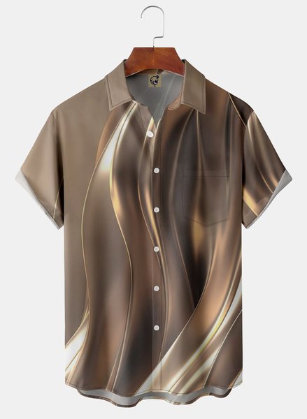 

3D Metal Stripe Chest Pocket Short Sleeve Casual Shirt, Rose gold, Men Shirts