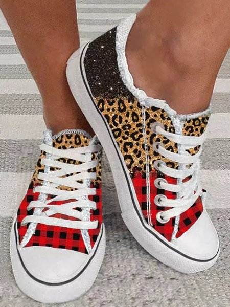

Christmas Leopard Check Panel Canvas Shoes, Multicolor, Sneakers
