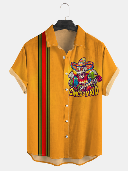 

Cinco de Mayo Striped Skull Pocket Short Sleeve Bowling Shirt, Orange, Men Shirts