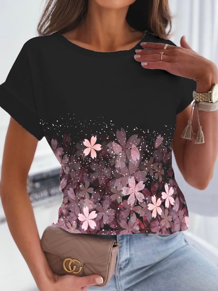 

Regular Fit Casual Floral Crew Neck T-Shirt, Black, T-Shirts