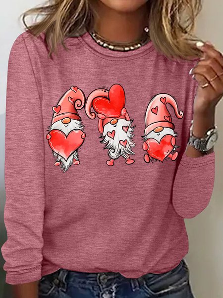 

Women's Valentine's Day Gnomes Casual Letters Casual Crew Neck Top, Rose red, Long sleeves