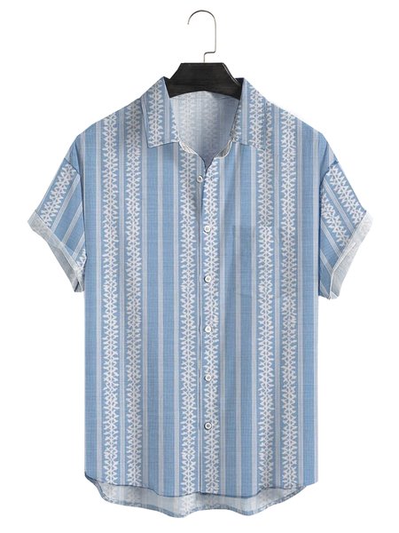 

Striped Chest Pocket Short Sleeve Casual Shirt, Blue, Men Shirts