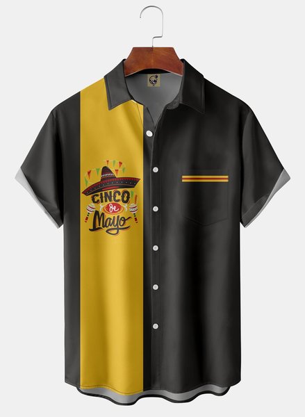 

Cinco de Mayo Chest Pocket Short Sleeve Bowling Shirt, Black, Men Shirts