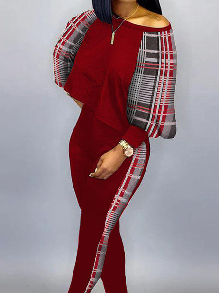 

High Elasticity Crew Neck Long sleeve Plaid Casual T-Shirt, Wine red, Tees