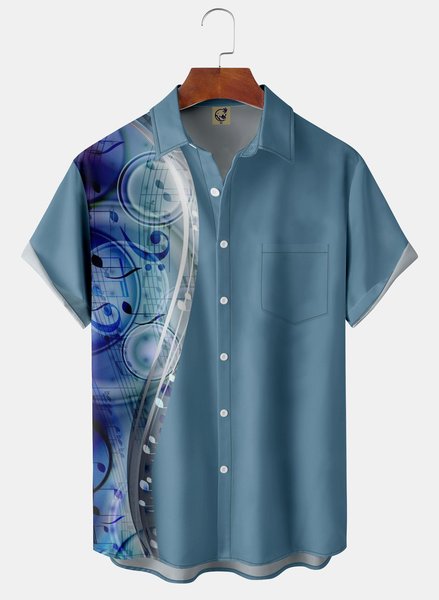 Music Notes Chest Pocket Short Sleeve Casual Shirt, Blue, Men Shirts