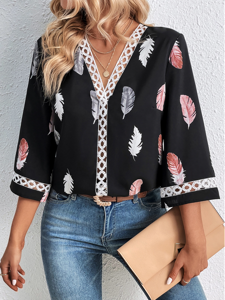 

Lace Loose Casual V Neck T-Shirt, Black, T-Shirts
