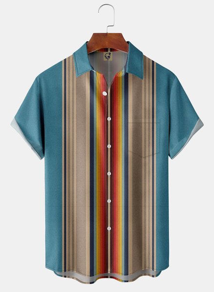 

Mexico Stripe Chest Pocket Short Sleeve Casual Shirt, Blue, Men Shirts
