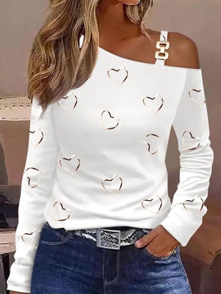 

Heart/Cordate Jersey Casual Loose T-Shirt, White, Shirts & Blouses