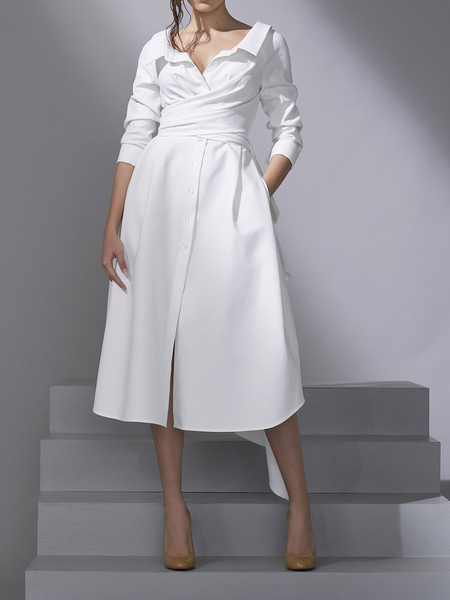 

Regular Fit Elegant Plain Long sleeve Shirt Dress Midi Dress, White, Midi Dresses
